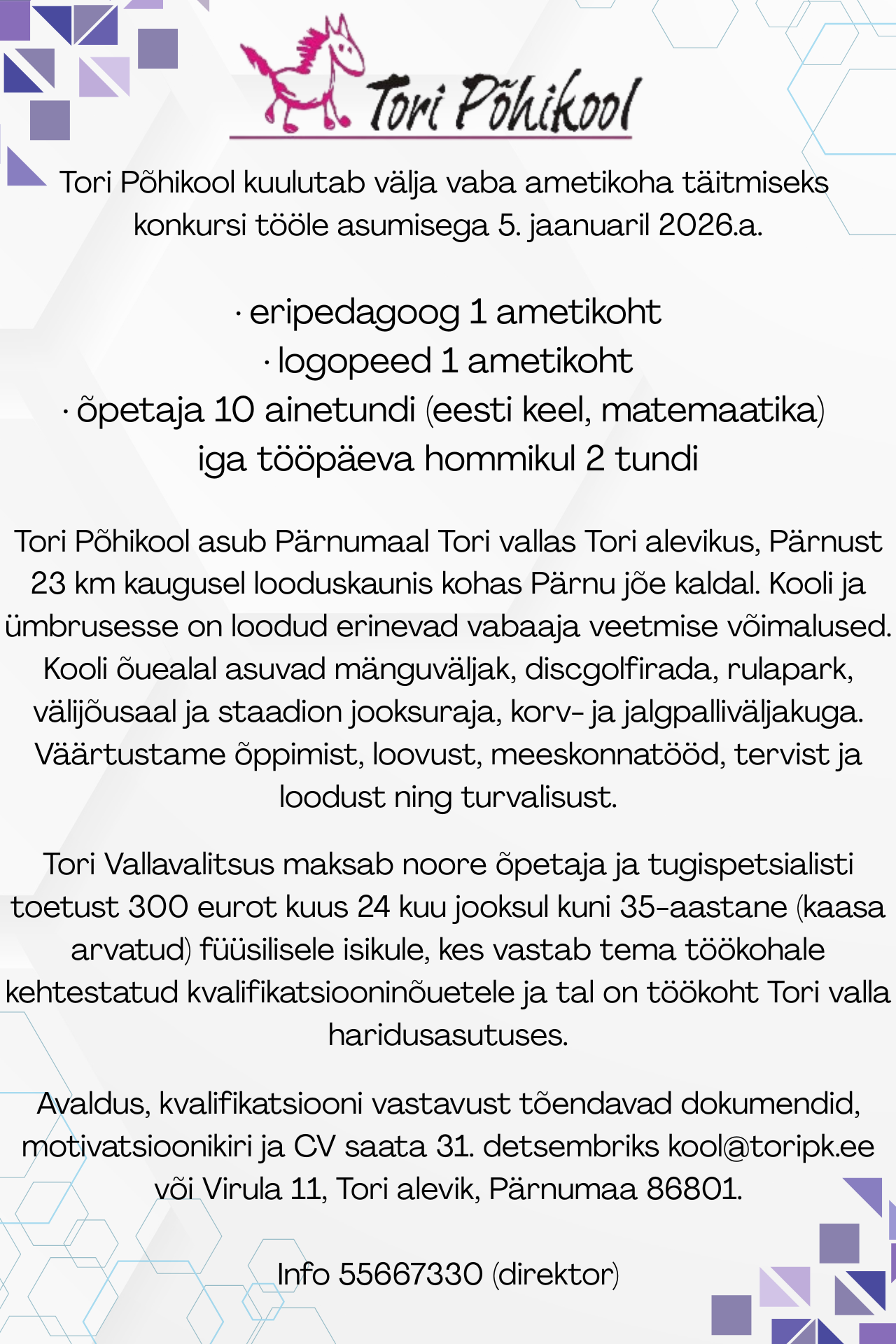 Tori Põhikool töökuulutus